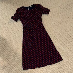Navy Blue Dress with Red Leaf Print - Women's Classic A-Line
